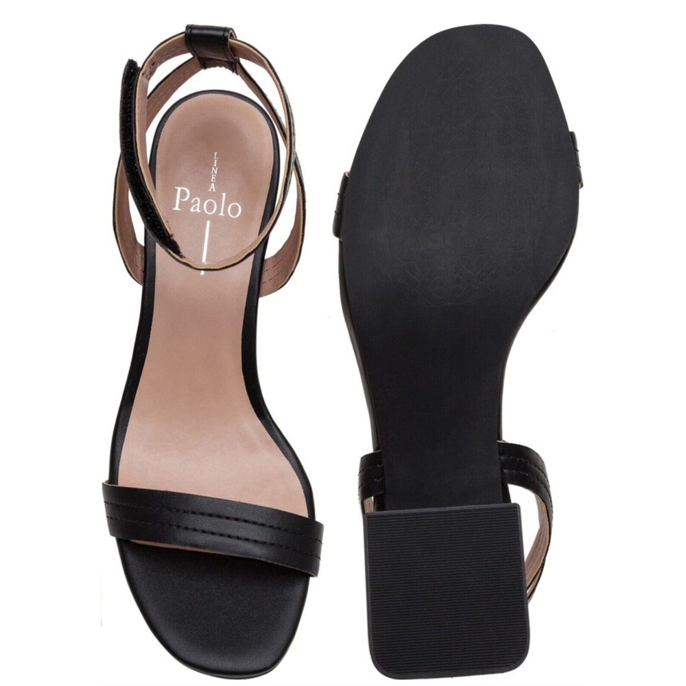 NWOT Linea Paolo Womens Emmie Heeled Sandals‎ 5M Leather Ankle Strap Black